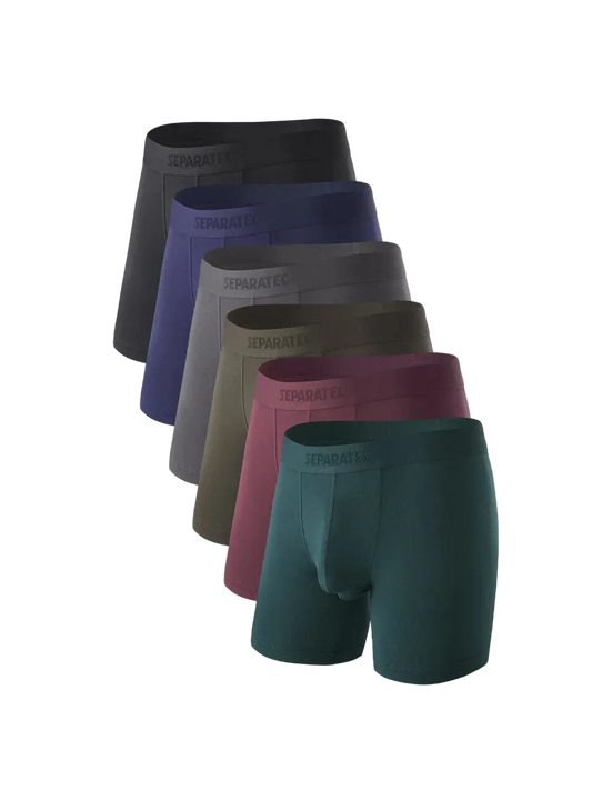 Set of six pairs of men's underwear in various colors on a light gray background.