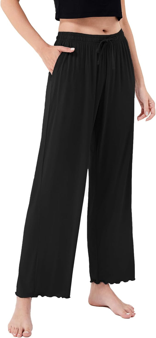 Women’s Bamboo Rayon Pajama Pants, Cooling Wide-Leg Lounge Sleep Bottoms with Pockets