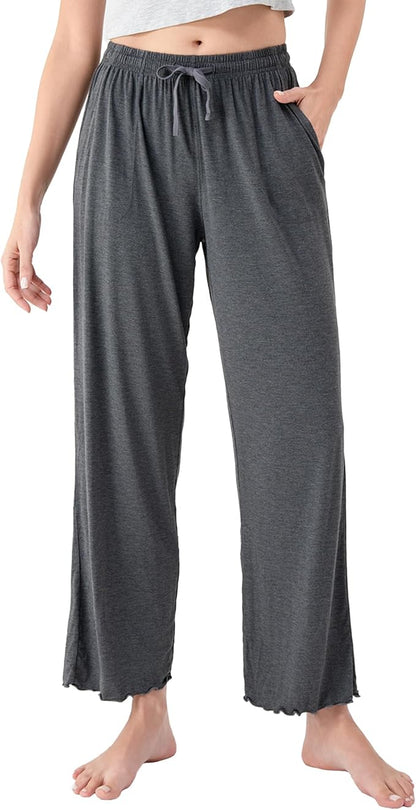 Women’s Bamboo Rayon Pajama Pants, Cooling Wide-Leg Lounge Sleep Bottoms with Pockets
