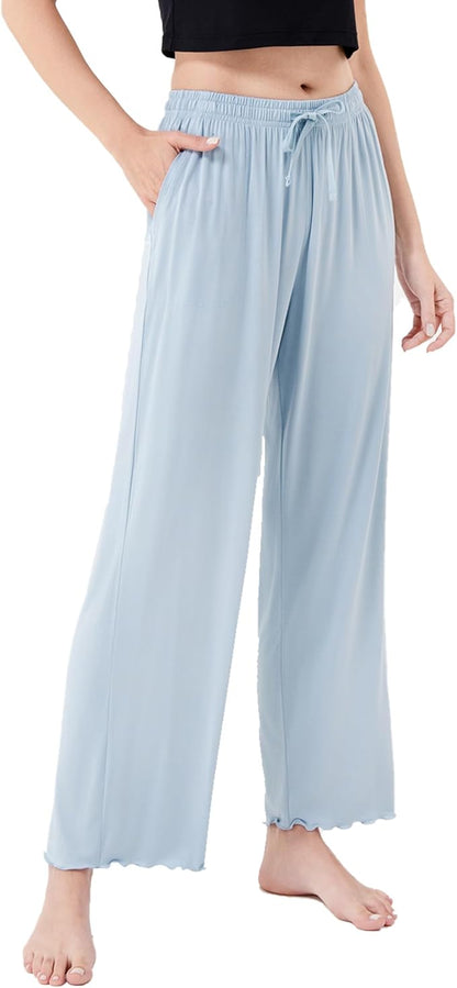 Women’s Bamboo Rayon Pajama Pants, Cooling Wide-Leg Lounge Sleep Bottoms with Pockets