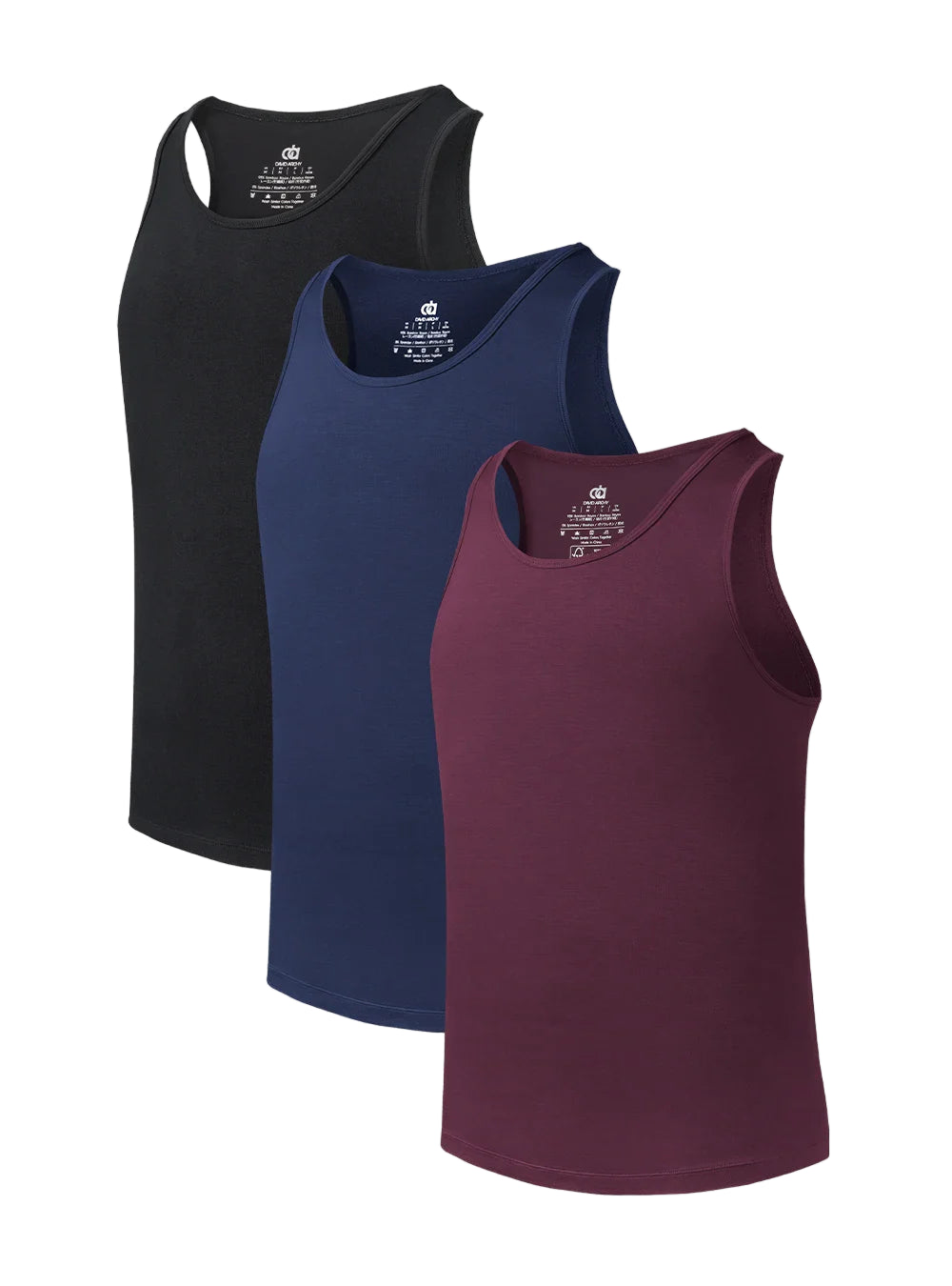 Three tank tops in black, blue, and burgundy on a white background