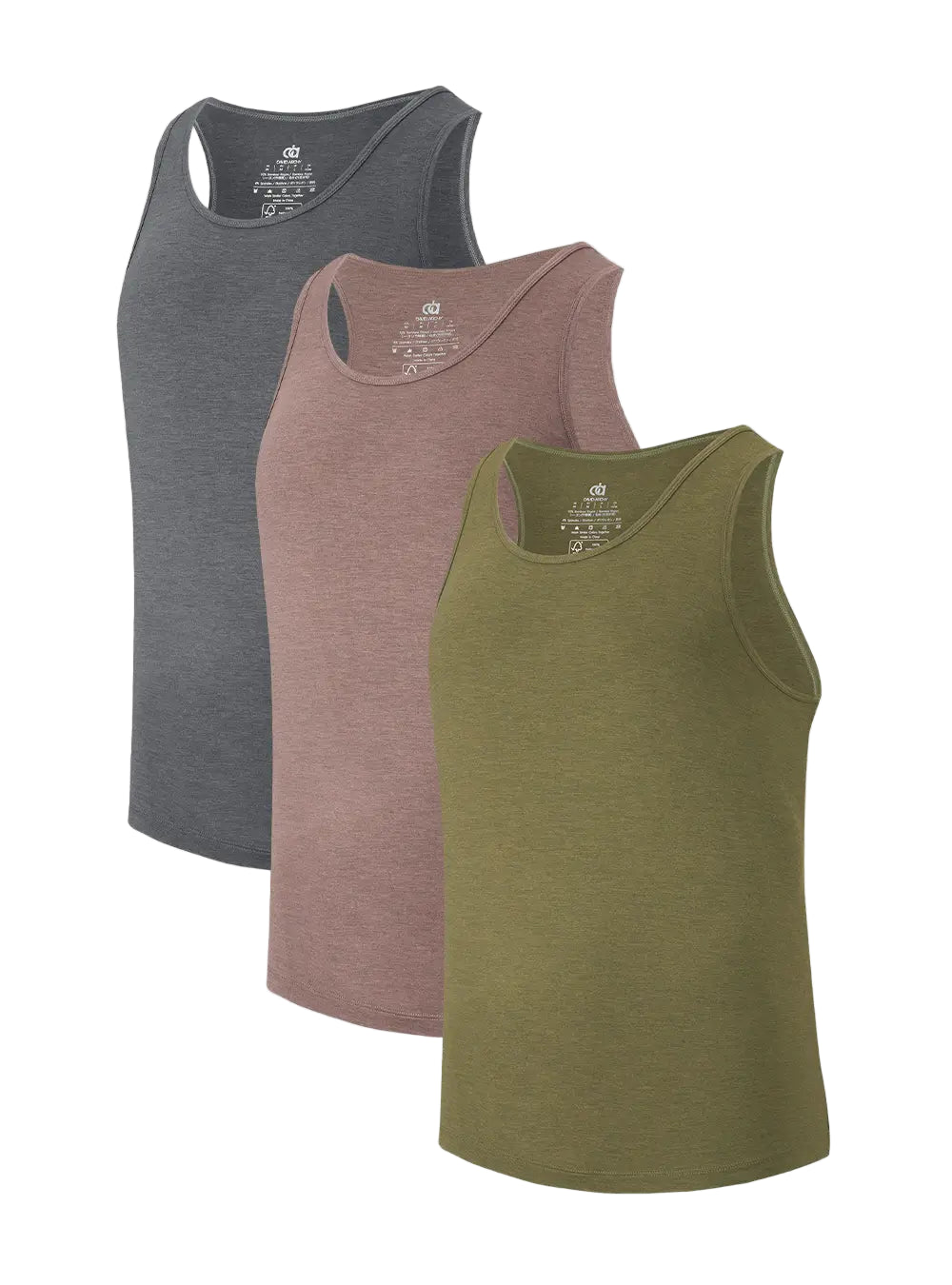 Three tank tops in gray, brown, and green on a white background