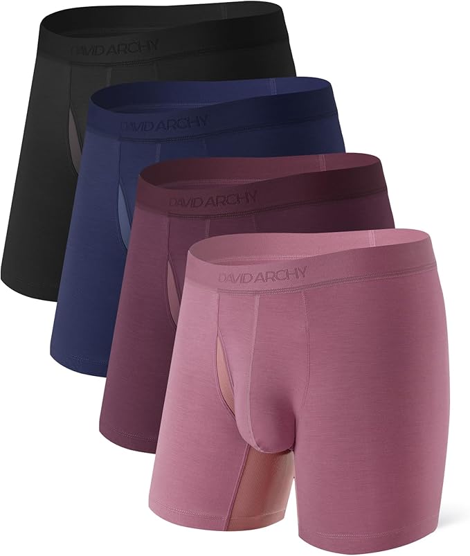 4-Pack Men’s Moisture-Wicking Modal Boxer Briefs, Breathable Underwear with Support Pouch