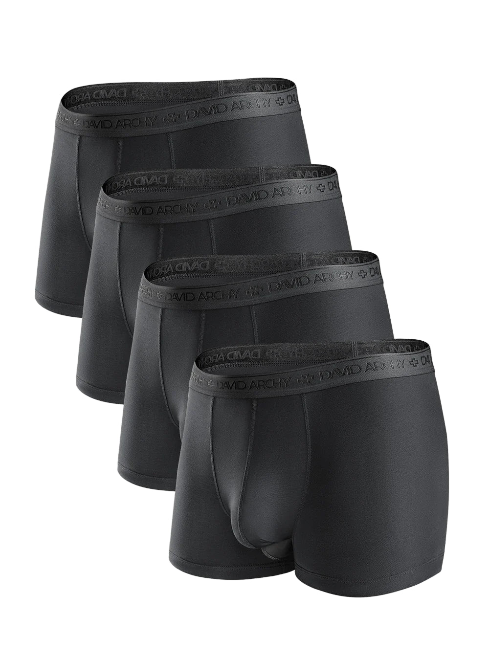 Four pairs of black boxer briefs on a white background