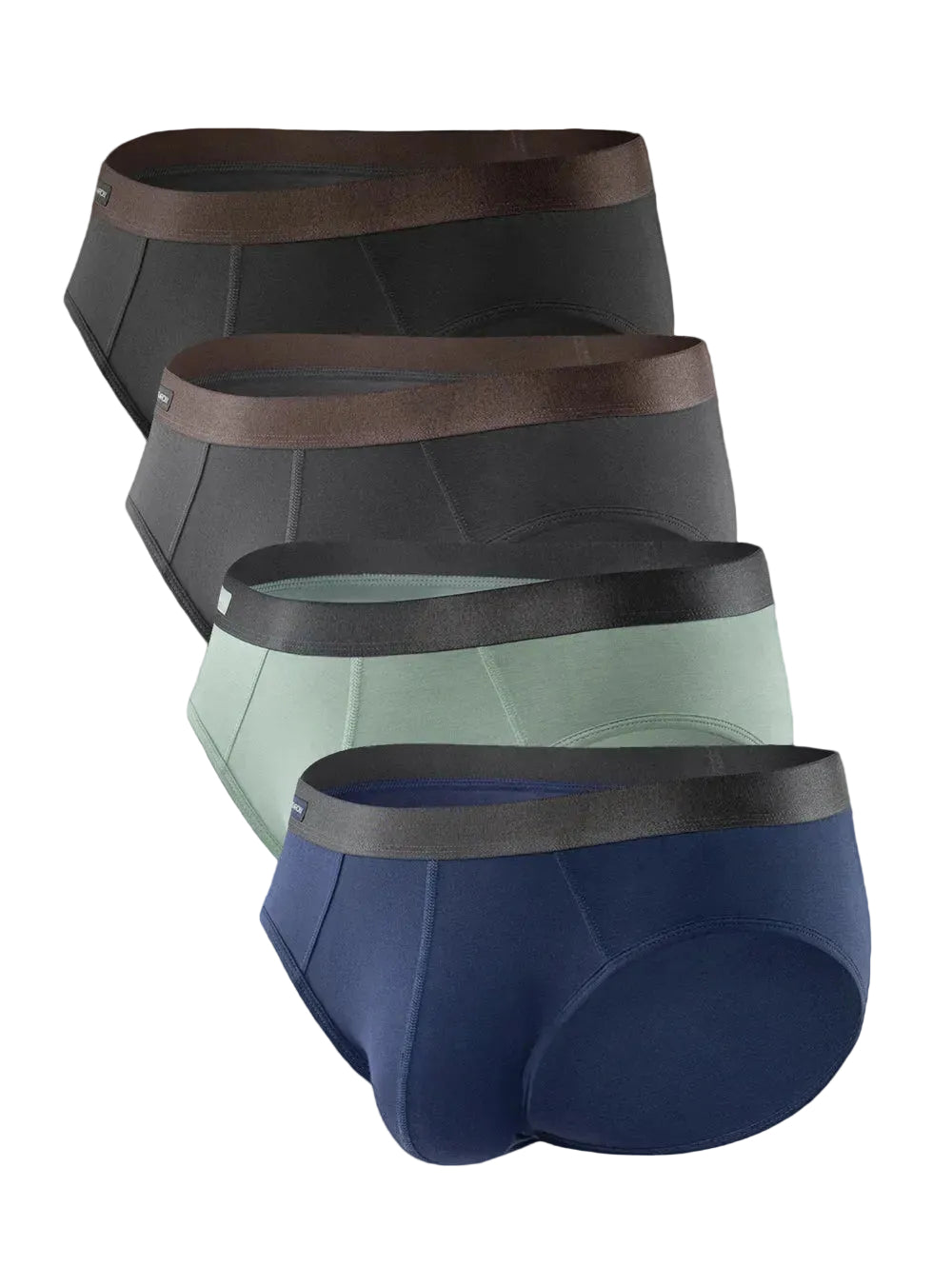 Four pairs of men's underwear in black, gray, green, and blue on a light gray background.
