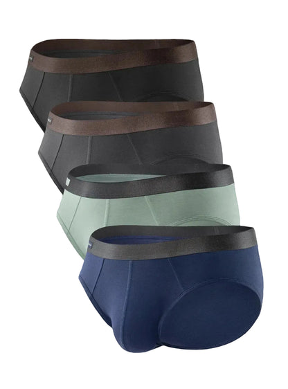 Four pairs of men's underwear in black, gray, green, and blue on a light gray background.