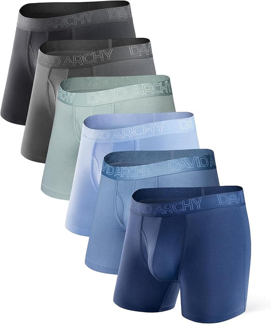 Set of six pairs of men's underwear in different colors on a white background