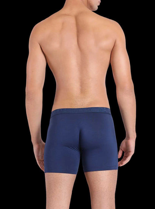 Man wearing navy blue boxer briefs on a white background