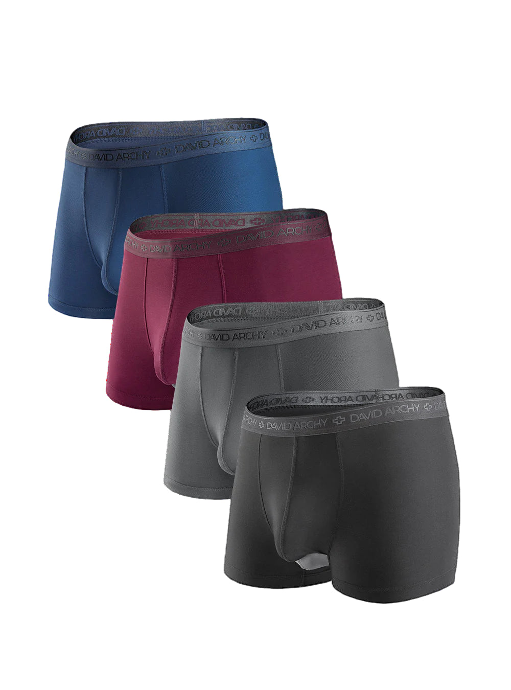 Four pairs of men's underwear in blue, red, gray, and black on a white background.
