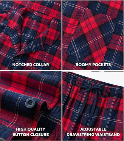 Men’s Ultra-Soft Flannel Pajama Set, Classic Plaid Cotton Lounge Sleepwear with Pockets