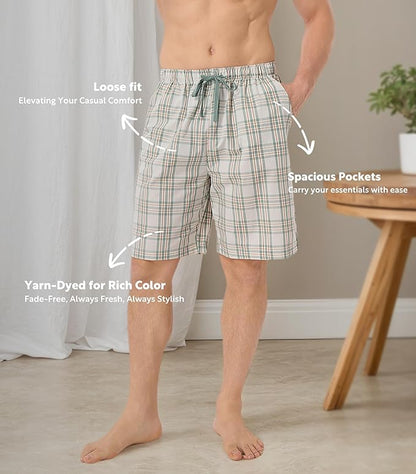 3-Pack Men’s Plaid Pajama Shorts, Lightweight Woven Lounge Sleep Bottoms with Pockets