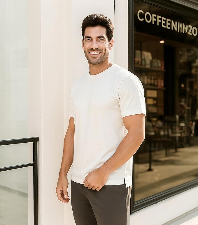 2-Pack Men’s Heavyweight Crewneck T-Shirts, Cotton Casual Tees with Side Slit