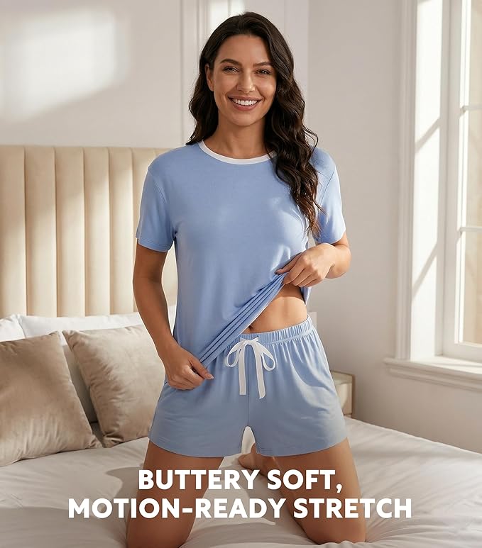 Women’s Cooling Bamboo Pajama Set, Soft Short Sleeve Lounge Sleepwear with Pockets