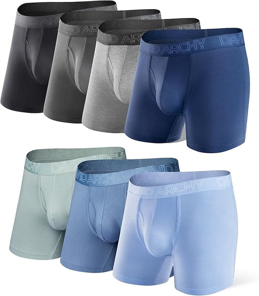Set of men's boxer briefs in various colors on a white background