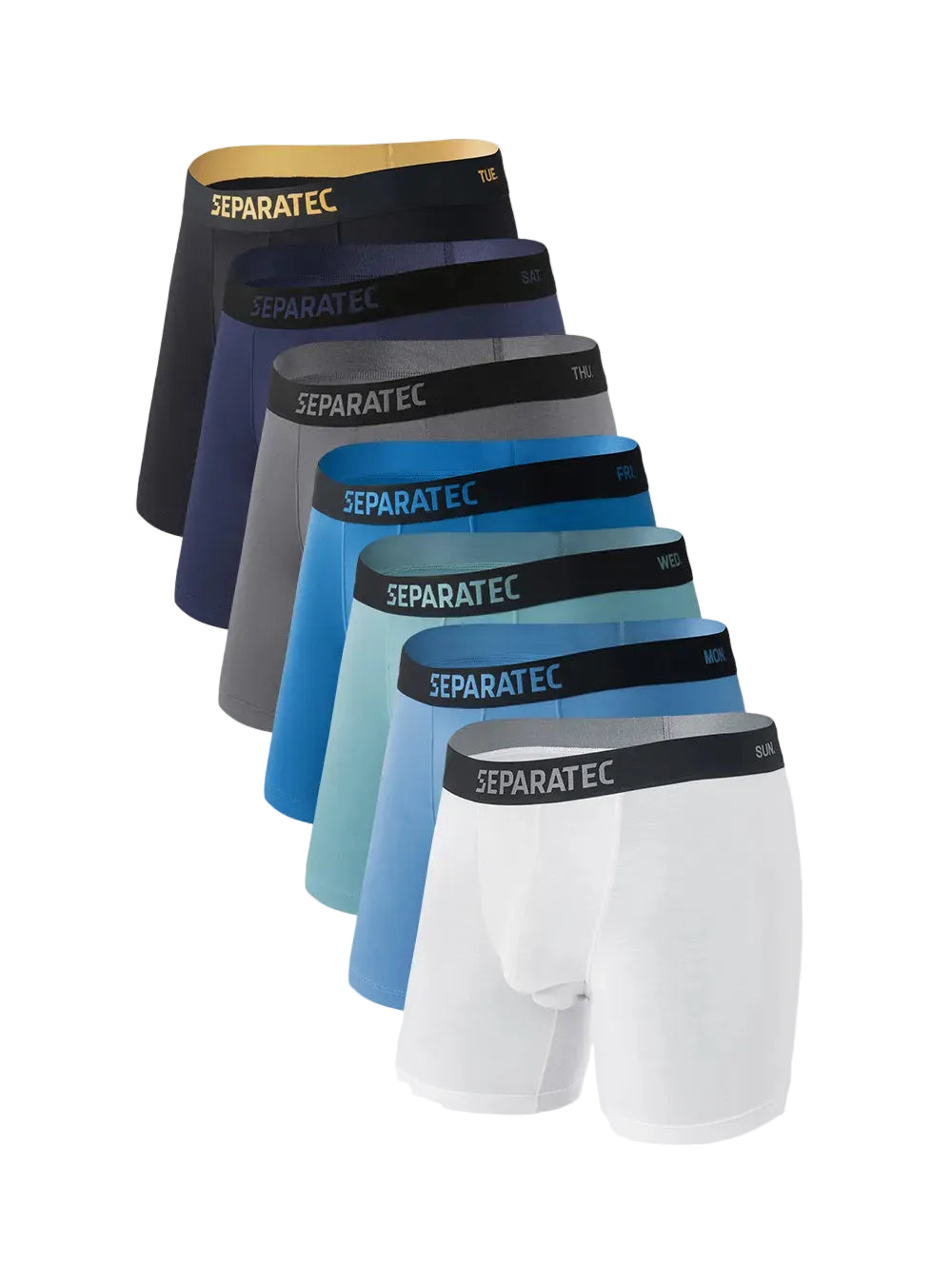 Set of Separatec men's underwear in various colors on a light gray background